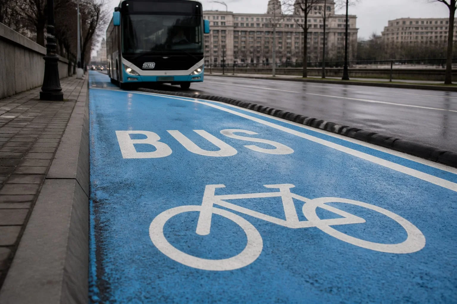 Bicicliștii din Piața Națiunilor Unite circulă pe aceeași bandă cu autobuzele