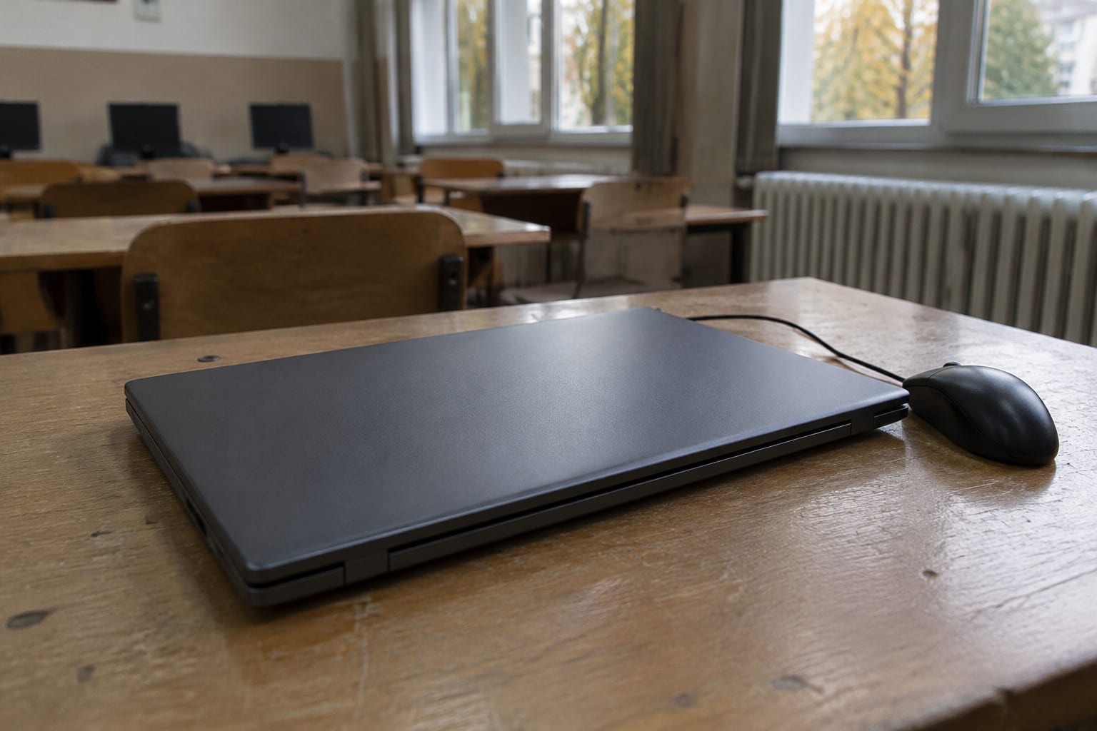 Laptop și mouse pe bancă