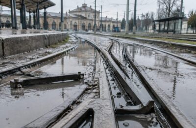 Vatmanii ieșeni verifică manual direcția macazurilor inundate, uneori băgând mâna în apă