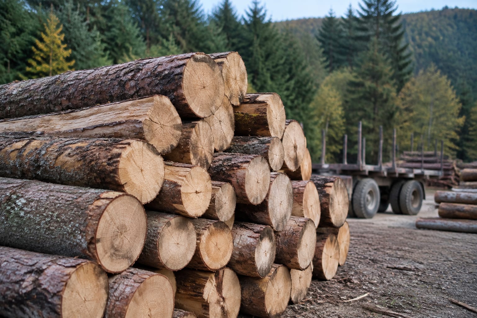 Stive de bușteni exploatați așteptând transportul la marginea pădurii